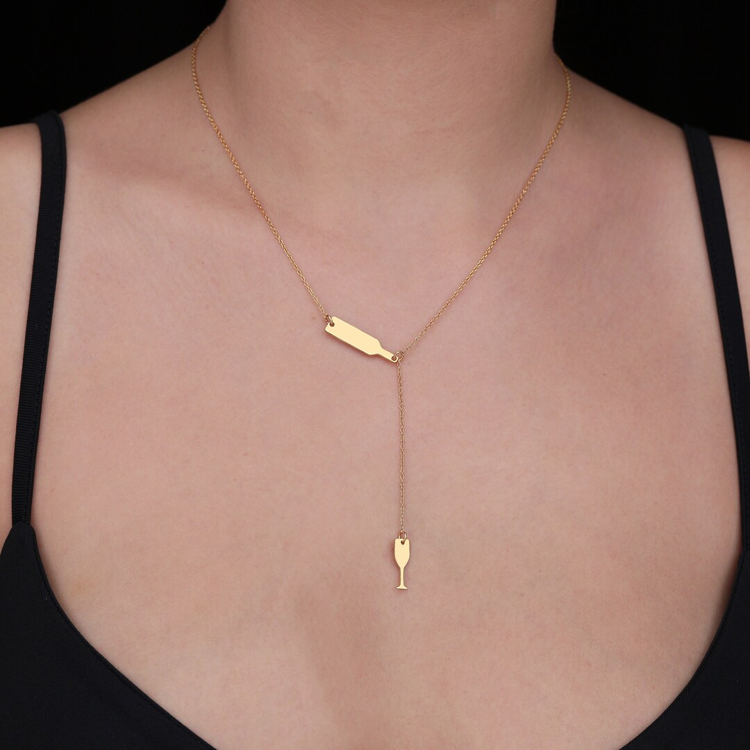 14 K Solid Gold Wine Glass Necklace, Wine Lovers Silver Necklace