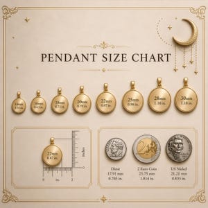 The image is a pendant size chart that provides measurements and corresponding pendant sizes for various types of pendants, including gold, silver, and coin-like designs.