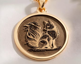 14K Solid Gold Kitsune Fox Coin Pendant - Japanese Yōkai Spirit