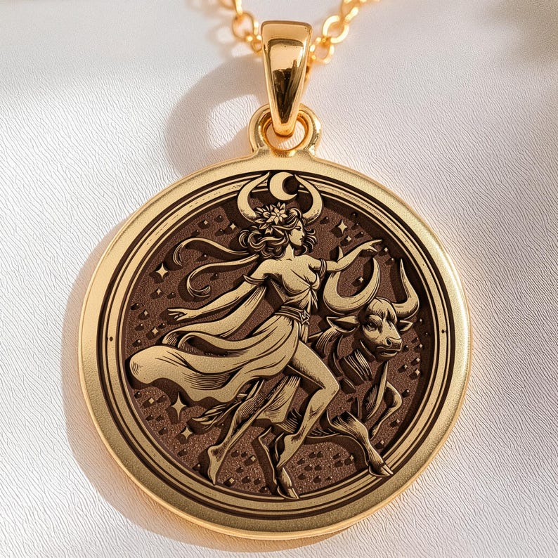 taurus woman zodiac gold pendant necklace, polished on raised relief elements; darkened (oxidized) recessed background areas, circular pendant with concentric ring border; central scene shows stylized female figure with flowing dress, floral headp...