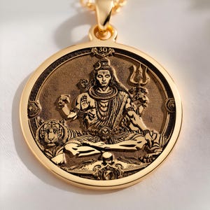 14K Solid Gold Shiva Coin Pendant - Meditating Mahadev Trishul Talisman