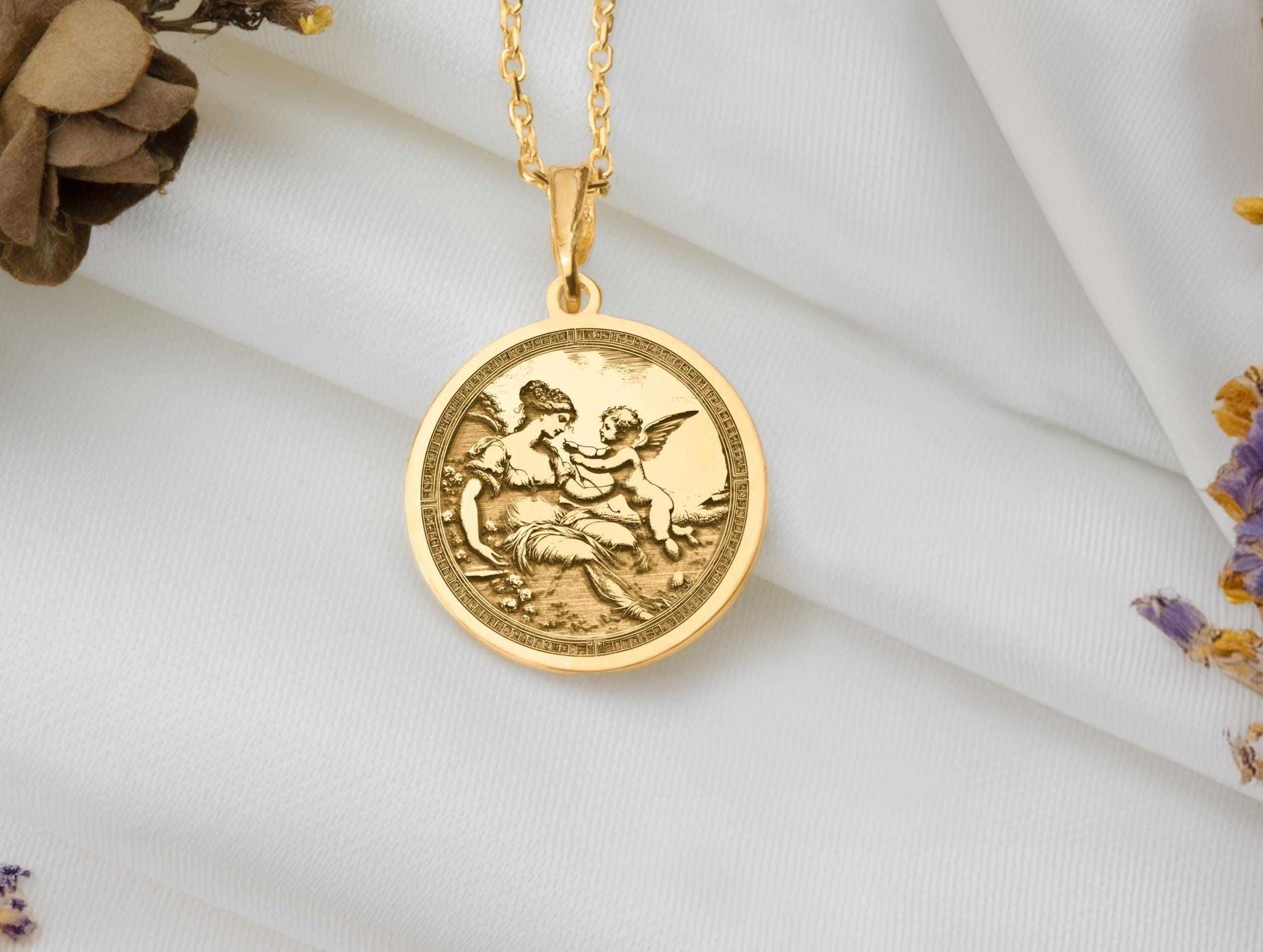 14K Solid Gold Venus and Cupid Necklace, Mother and Son Charm Pendant, Venus Eros Charm Necklace, Birthday gift for mom, Mother Son Jewelry