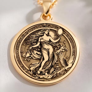 14K Solid Gold Venus Aphrodite Pendant - Greek Goddess Mythology Coin Charm