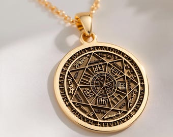 Naszyjnik z Siedmioma Archaniołami wykonany z 14-karatowego złota – wisiorek z monetą ochronną z pieczęcią Salomona