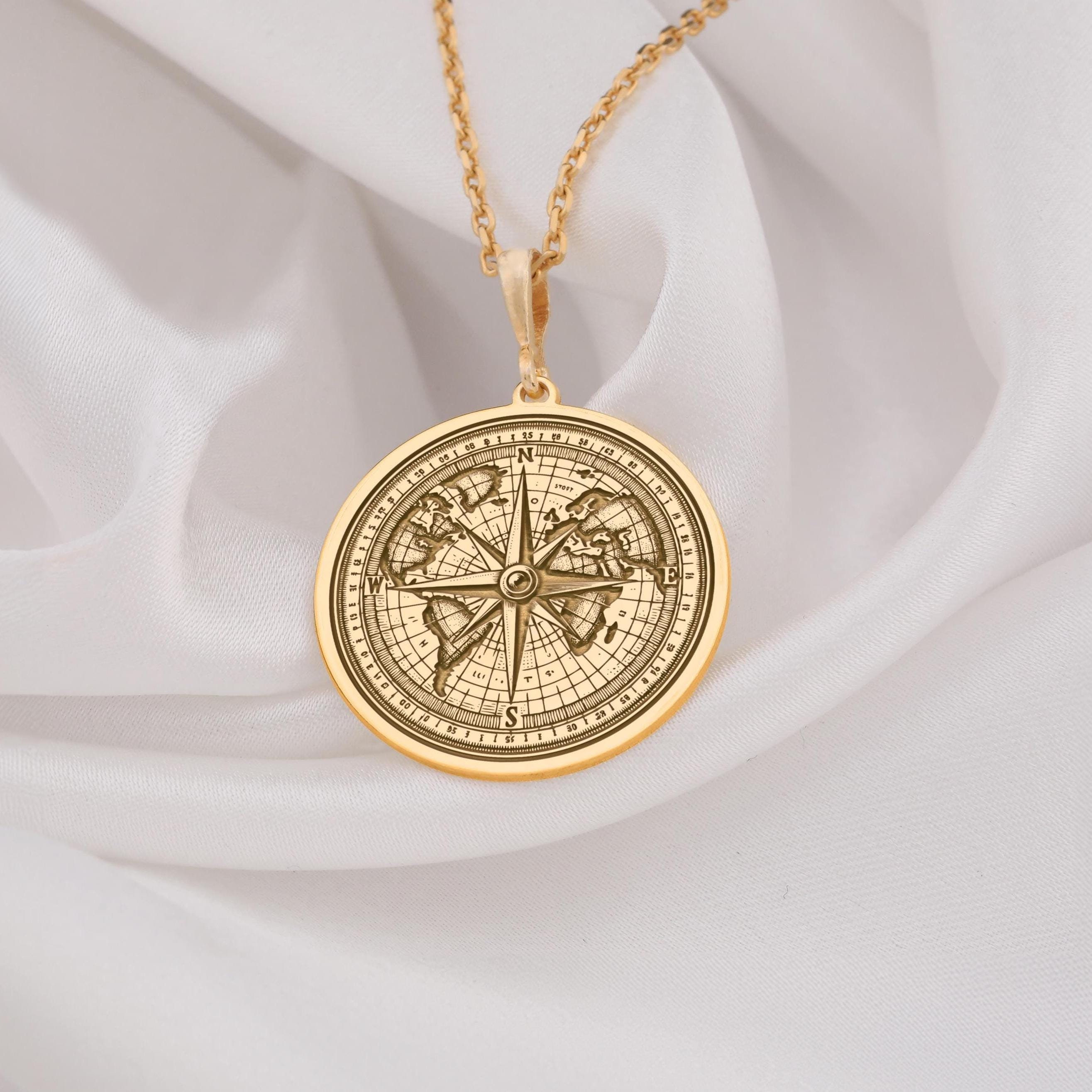 14K Solid Gold World Map Compass Pendant, 925 Sterling Silver Compass Medallion, Personalized Compass Charm Necklace Gifts for him / her