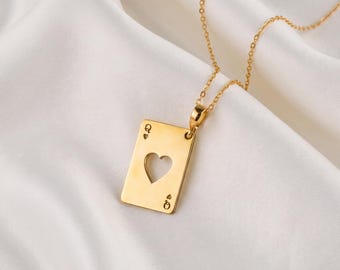 14K Solid Gold Queen of Hearts Pendant - Royal Crown Playing Card Charm