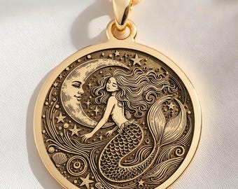 Mermaid Pendant, 14K Gold Ocean Siren Necklace, Nautical Fantasy Jewelry Gift