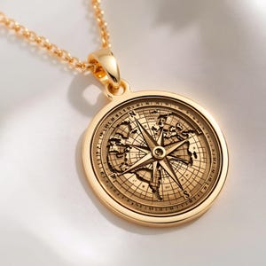 Compass World Map 14K Solid Gold Necklace Global Traveler Wayfinder Talisman