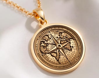 Compass World Map 14K Solid Gold Necklace Global Traveler Wayfinder Talisman
