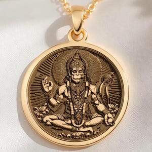 Collar con colgante de Hanuman en oro macizo de 14 quilates - Talismán de fuerza de Bajrangbali