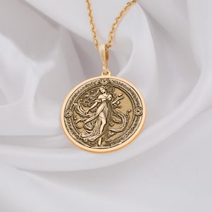 Persephone Necklace: 14K Gold Queen of Underworld Coin Pendant, Greek Mythology Jewelry