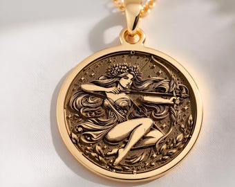 14K Solid Gold Sagittarius Pendant Necklace - Archer Zodiac Coin Charm Jewelry