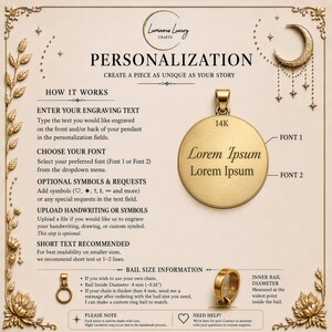 The image is a promotional material for a jewelry company, specifically focusing on personalized pendants. It features a pendant with the text "Lorem Ipsum" and provides information on how to create a unique piece of jewelry.