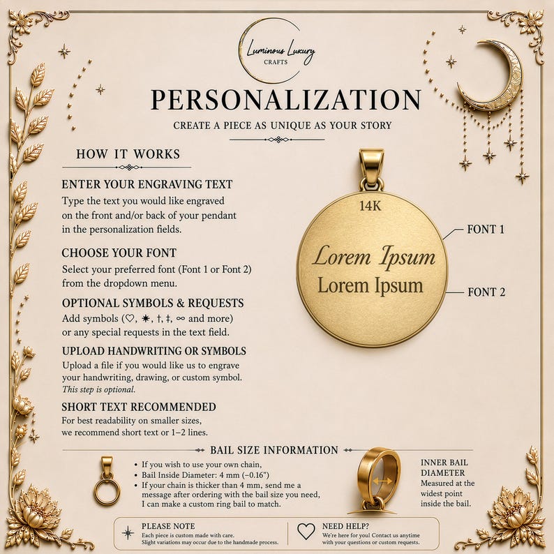 The image is a promotional material for a jewelry company, specifically focusing on personalized pendants. It features a pendant with the text "Lorem Ipsum" and provides information on how to create a unique piece of jewelry.