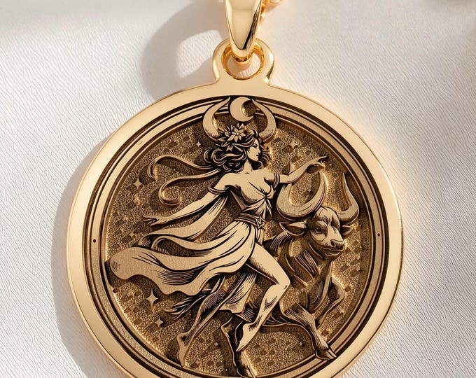 14K Gold Taurus Woman Zodiac Pendant Necklace, Constellation Charm
