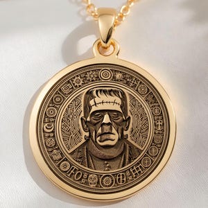 14K Solid Gold Frankenstein Coin Pendant - Classic Horror Monster Charm