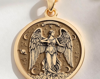 Collar con moneda de ángel de Sagitario — Signo de fuego, para mujer