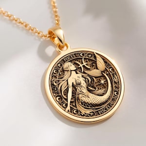 A celestial Pisces mermaid coin pendant in 14K Solid Gold, designed as a mystical Zodiac charm for Water Sign lovers — perfect for Ocean Goddess Art enthusiasts seeking an Astrology Amulet with oceanic grace and celestial symbolism, ideal for.