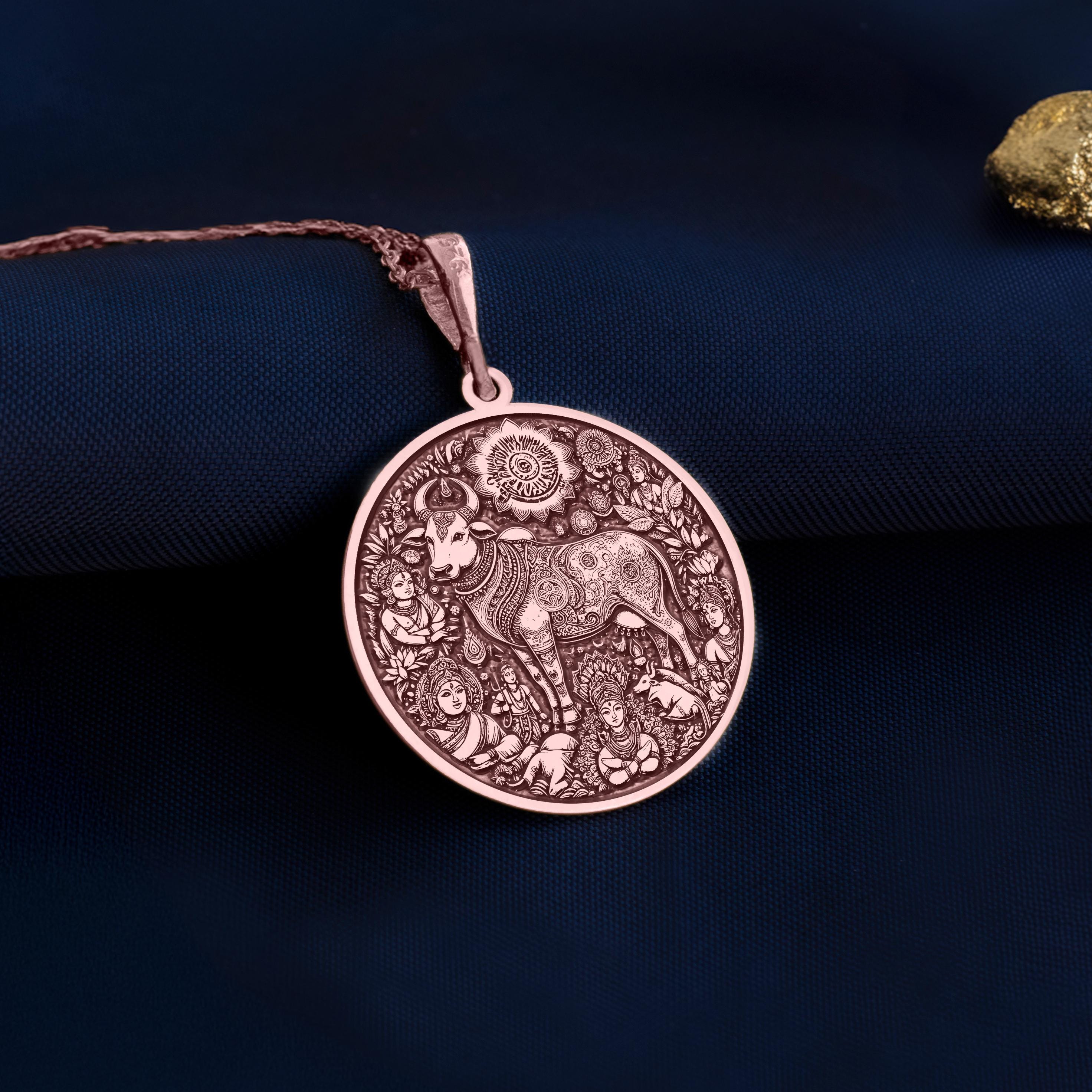 14K Solid Gold Kamadhenu Necklace, Hindu Mother of All Cow