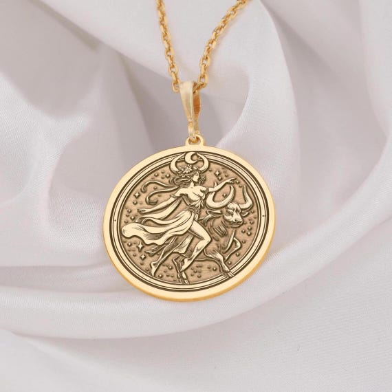 14K Solid Gold Taurus Zodiac Coin Pendant - Bull Head Astrology Charm