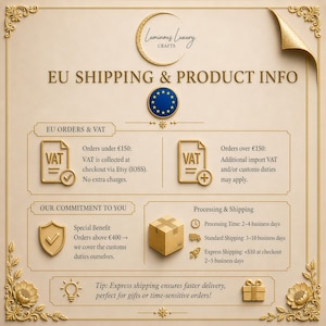 The image is a detailed infographic about EU shipping and product information, including details about EU orders and customs duties, as well as the company's commitment to providing faster delivery and excellent customer service.