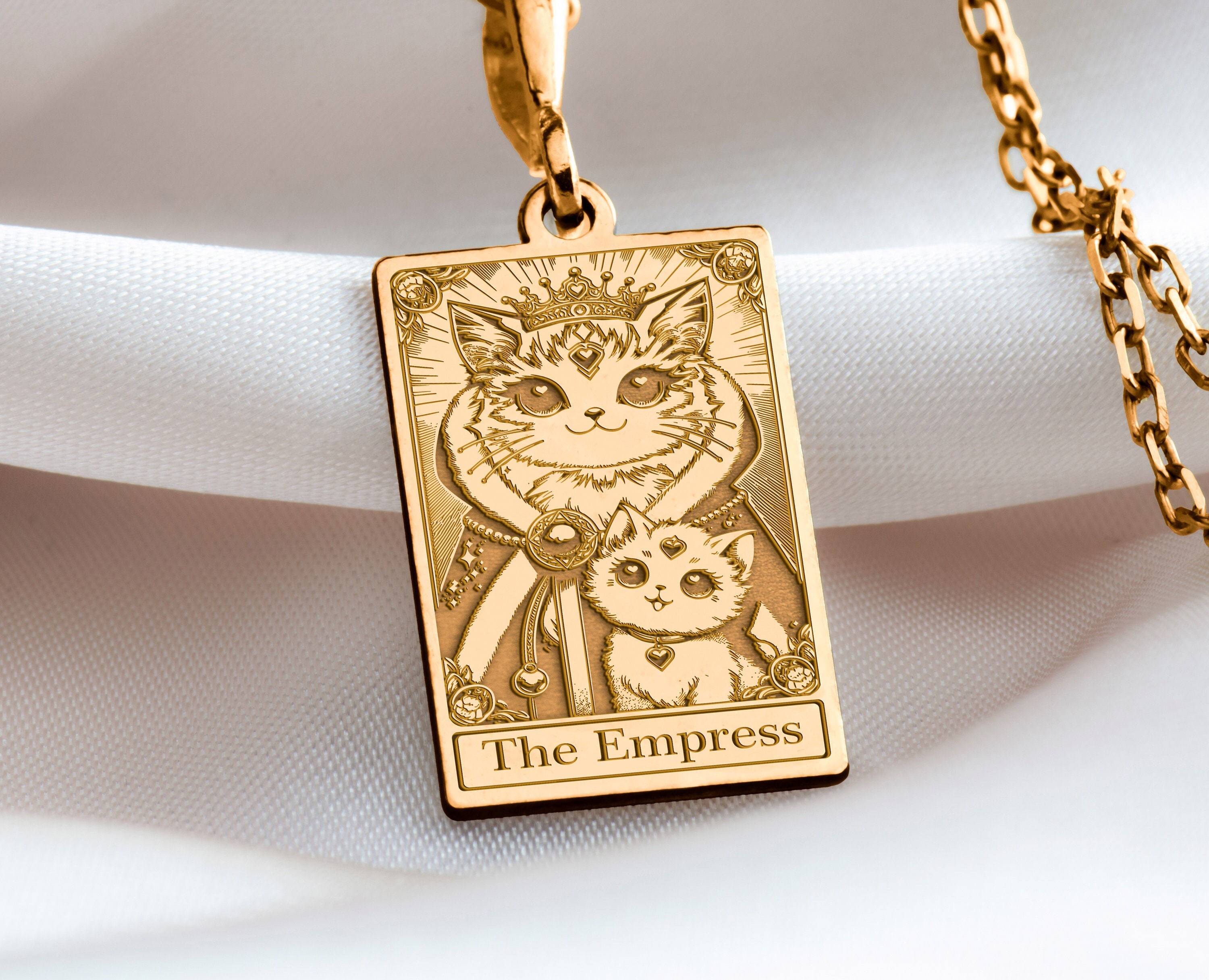 14 K Solid Gold The Empress Tarot Charm Necklace, The Empress Silver Charm Pendant, Tarot Gift For Mother, Mother Gift for cat loving mom