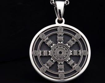 Sterling Silver Dharma Wheel Necklace: Coin Pendant, Spiritual Jewelry