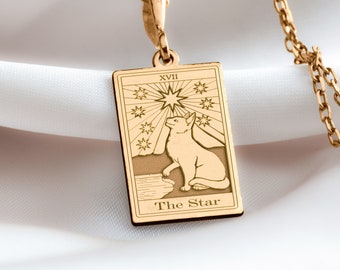 14 K Solid Gold The Star Tarot Card Charm Necklace, The Star Tarot Silver Charm Pendant, Cat Memorial Charm, Gold Tarot Jewelry, Tarot gift
