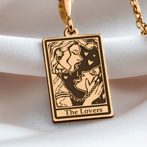 14 K Solid Gold Lovers Tarot Card Charm Necklace, Femme pride, Pride jewel, Femme love charm, WLW pendant, Queer Charm Necklace Gift for her