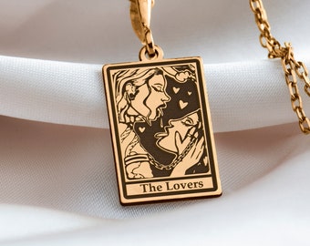 14 K Solid Gold Lovers Tarot Card Charm Necklace, Femme pride, Pride jewel, Femme love charm, WLW pendant, Queer Charm Necklace Gift for her