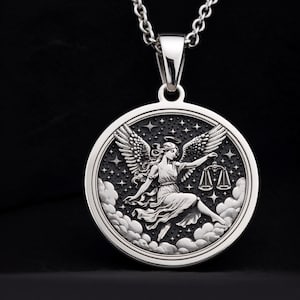 925 Sterling Silver Libra Necklace Dainty Zodiac Coin Pendant, celestial gift