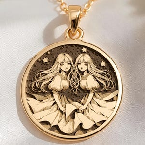 14K Solid Gold Gemini Zodiac Coin Pendant - Celestial Twins Horoscope Charm