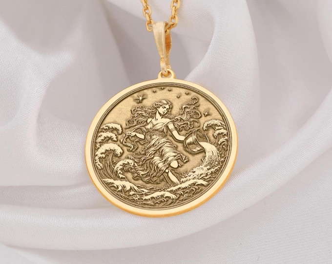 14K Solid Gold Aquarius Necklace, Water Bearer Sign Zodiac Astrology Coin Charm