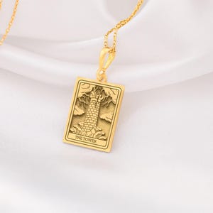 14K Solid Gold Tower Tarot Card Pendant - Major Arcana Transformation Charm