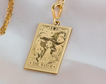 14K Solid Gold Witch Tarot Pendant - Handcrafted Broom Rider Charm