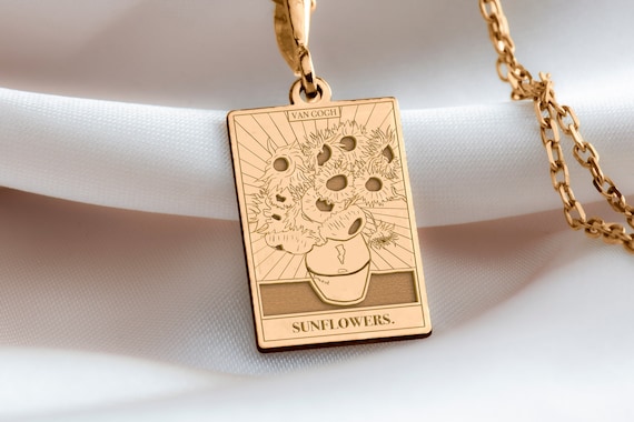 14 K Solid Gold Van Gogh Sunflower Necklace, Sunflower Van