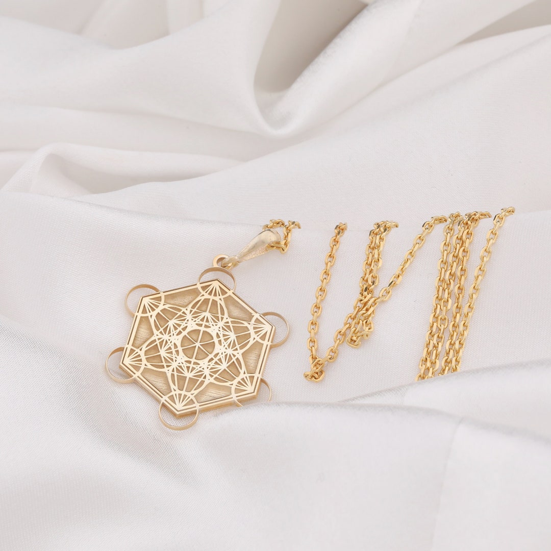 14K Solid Gold Metatron Cube Necklace, Sacred Geometry Merkaba ...