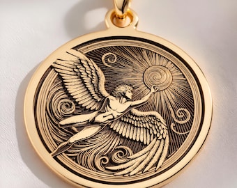 14K Solid Gold Icarus Medallion Coin - Greek Mythology Melting Wings Pendant