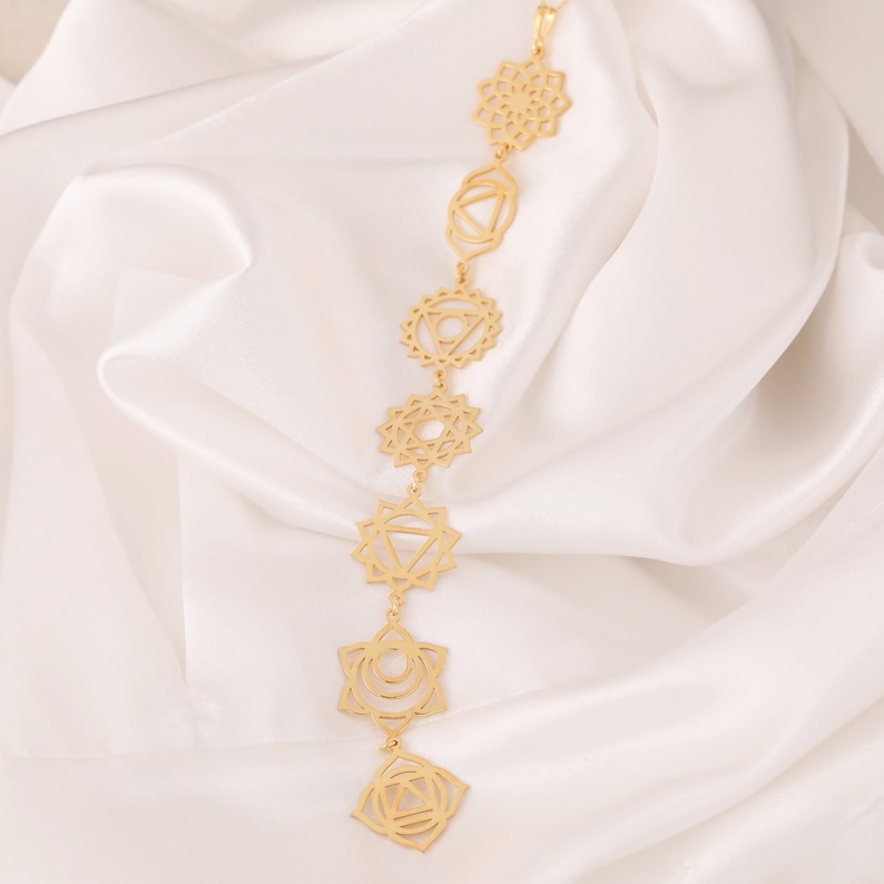 14K Solid Gold 7 Chakra Halskette, Sterling Silber Sieben Chakras Charme, spirituelle Anhänger, Chakra Schmuck, Spiritualität Charme Bild 2