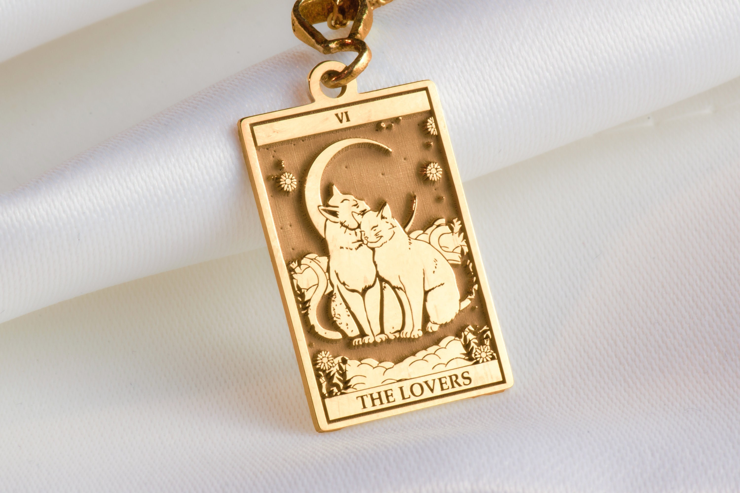 14K Solid Gold Cat Lovers Tarot , Cat Memorial Tarot Necklace , Real Gold Cat Charm Necklace , Cat lover gift , Kitty Lovers Tarot necklace