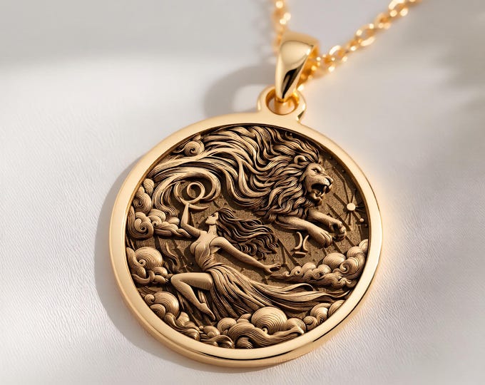 Leo Zodiac 14K Solid Gold Necklace Celestial Lion Amulet Big 3 Astrology Art