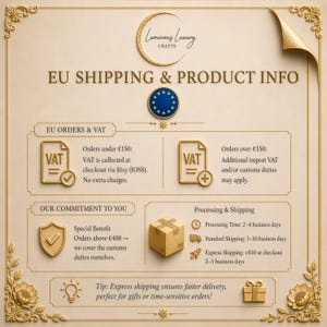The image is a detailed infographic about EU shipping and product information, including details about EU orders and customs duties, as well as the company's commitment to providing faster delivery and excellent customer service.