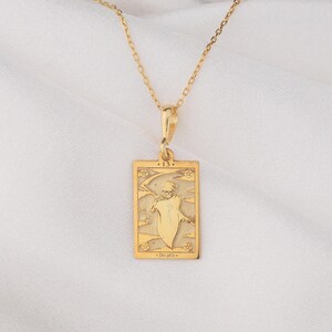 Death Tarot Necklace: 14K Gold Skeleton Knight, Rebirth Transformation