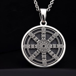 Sterling Silver Dharma Wheel Necklace: Coin Pendant, Spiritual Jewelry