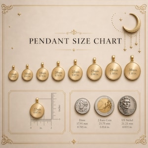 The image is a pendant size chart that provides measurements and corresponding pendant sizes for various types of pendants, including gold, silver, and coin-like designs.
