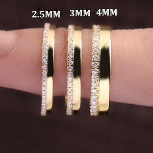 14-karätiger Gold-Ehering mit Moissanit und Labordiamanten für Damen, schlichter Goldring mit einseitiger Pavé-Fassung, stapelbarer Braut- und Jahrestagsring