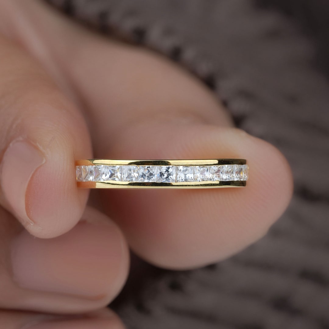 Princess Cut Moissanite Wedding Band, 14K Gold Half Eternity Ring - Etsy
