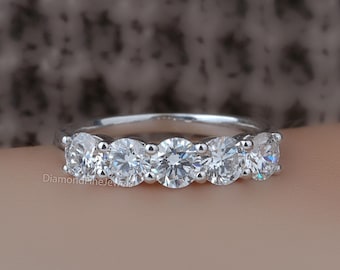 2 TCW Round Lab Grown Diamond Wedding Band, Moissanite Wedding Band, Wide Anniversary Band,  5 Stone Ring, Double Shared Prong Ring