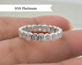 Platinum Oval and Emerald cut Moissanite Wedding Band, Bezel Set Lab Diamond Eternity Band, Bridal Anniversary Matching Band for Her Gift