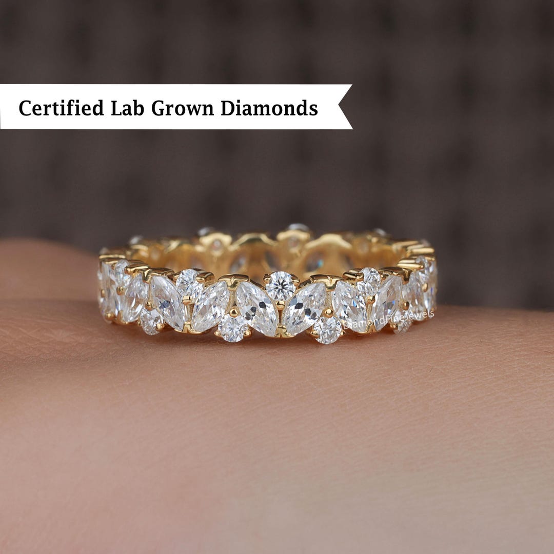Marquise & Round Lab Grown Diamond Wedding Band, 14K Gold Eternity Ring ...
